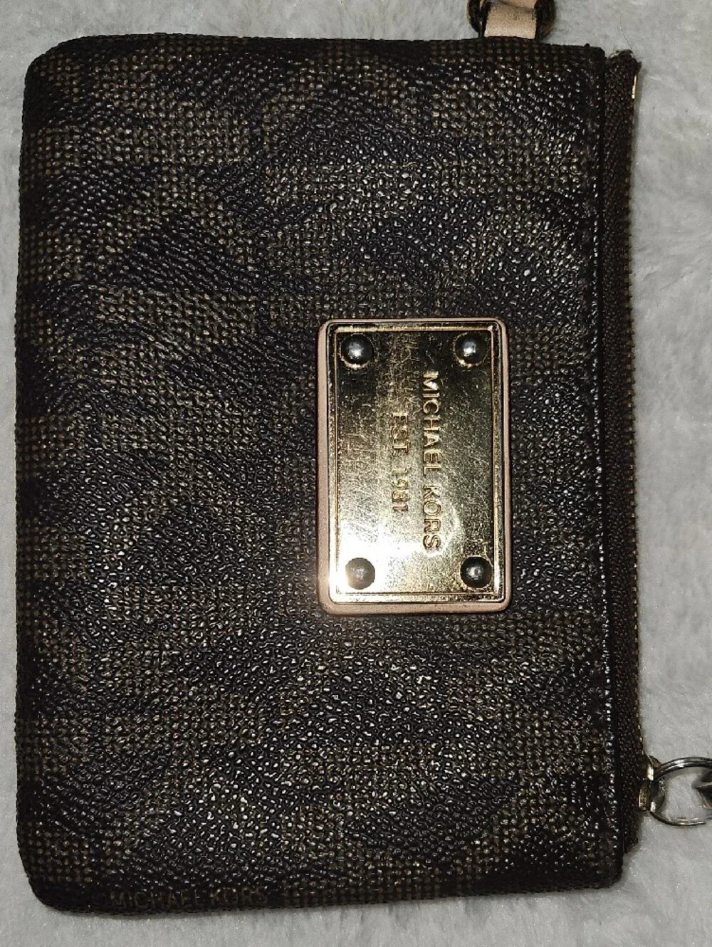 Michael Kors Dark Brown Signature Wristlet with Beige Strap